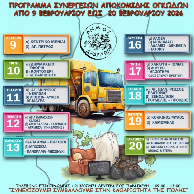 Η Διεύθυνση Καθαριότητας και Ανακύκλωσης ενημερώνει τους δημότες για το πρόγραμμα συλλογής ογκωδών αντικειμένων για το διάστημα από 9 Φεβρουαρίου έως τις 20 Φεβρουαρίου με στόχο τη βελτίωση της καθημερινότητας και της εικόνας της πόλης. Το πρόγραμμα δημοσιοποιείται προκειμένου να διευκολυνθεί ο καλύτερος συντονισμός μεταξύ των δημοτών και της υπηρεσίας, ώστε να αποφεύγεται η παρατεταμένη παραμονή ογκωδών αντικειμένων στους δρόμους και να διασφαλίζεται η εύρυθμη λειτουργία της αποκομιδής. Τηλέφωνο Επικοινωνίας: 213 207 2471 Ώρες Λειτουργίας: Δευτέρα έως Παρασκευή, 09:00 – 13:00 Με υπευθυνότητα και συνεργασία, μπορούμε όλοι μαζί να διατηρήσουμε την πόλη μας καθαρή και πιο όμορφη.
