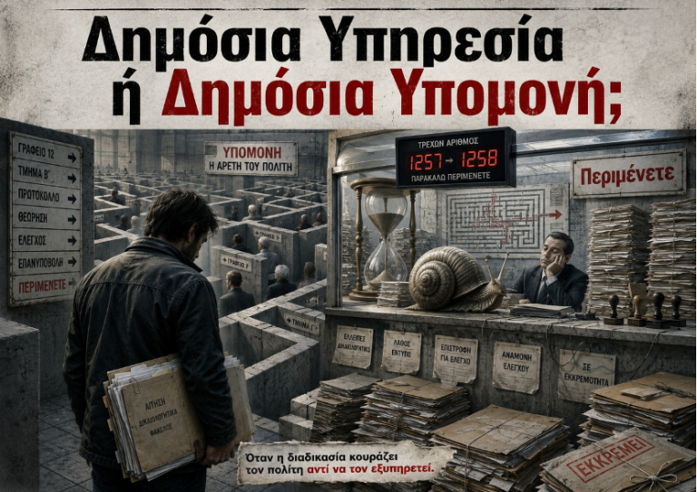 Άρθρο γνώμης για τη γραφειοκρατία, τις καθυστερήσεις στις δημόσιες υπηρεσίες και τις καταγγελίες πολιτών προς τη ΔΥΠΑ και τον Συνήγορο του Πολίτη.
